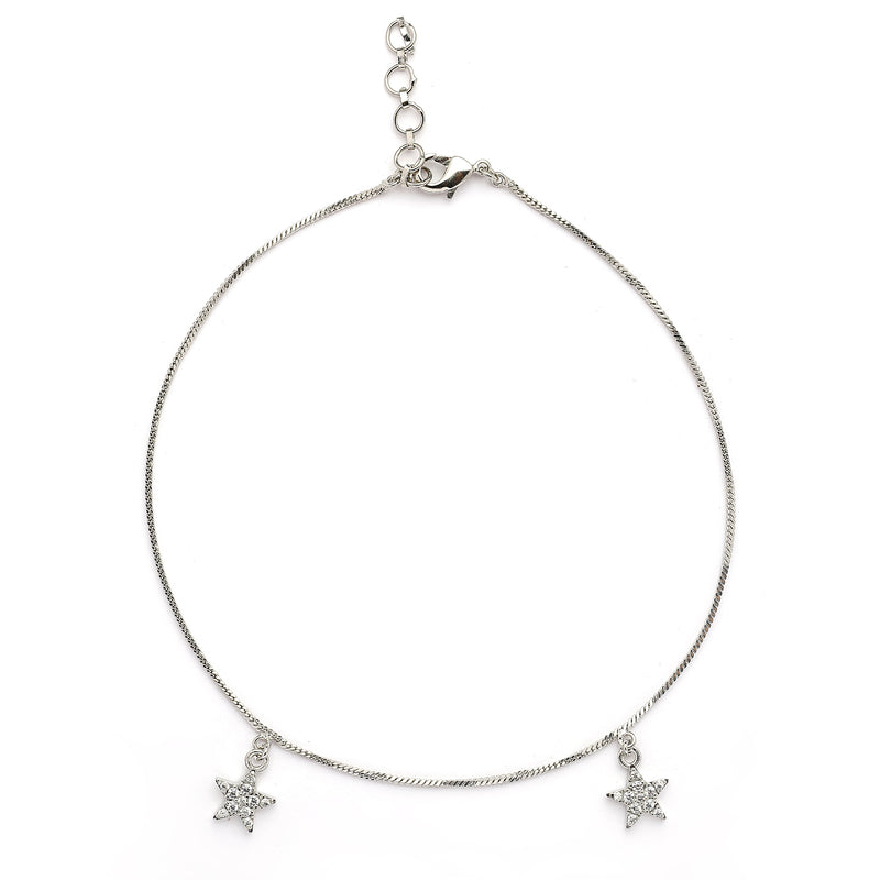 Rhodium Plated Silver Toned White Cubic Zirconia Studded Star Charm Anklet