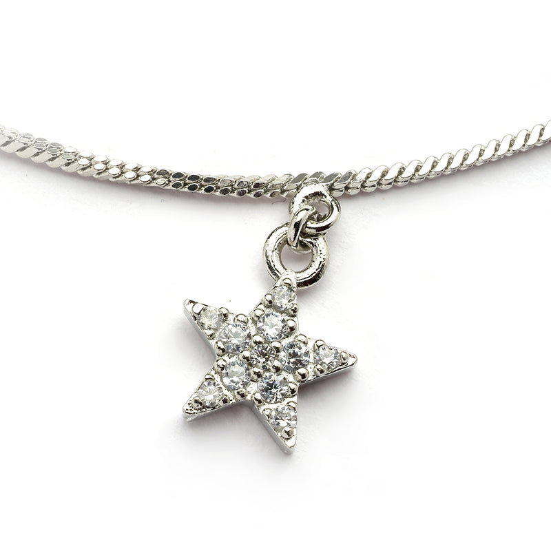 Rhodium Plated Silver Toned White Cubic Zirconia Studded Star Charm Anklet