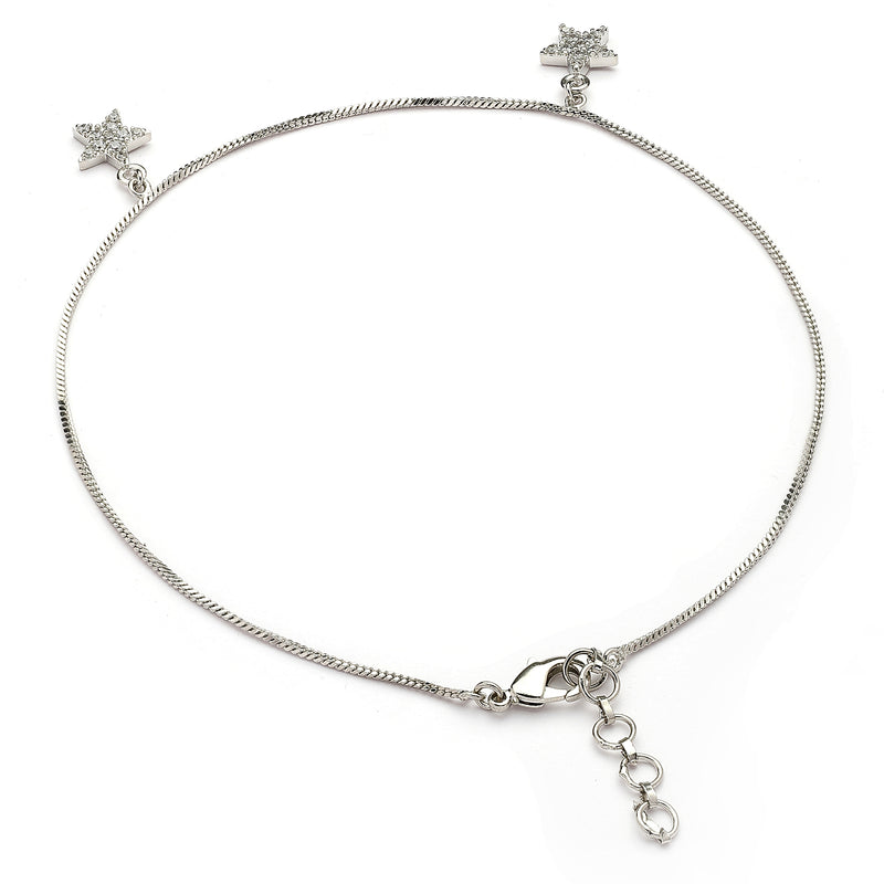 Rhodium Plated Silver Toned White Cubic Zirconia Studded Star Charm Anklet