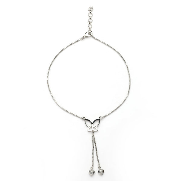 Rhodium Plated Silver Toned White Cubic Zirconia Studded Butterfly Charm Anklet