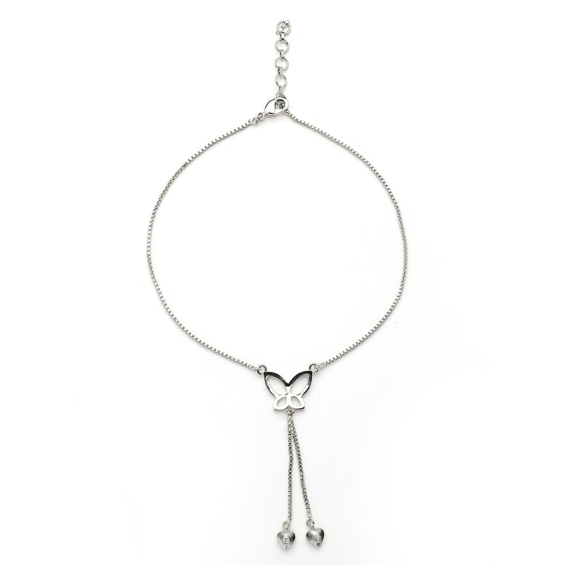 Rhodium Plated Silver Toned White Cubic Zirconia Studded Butterfly Charm Anklet