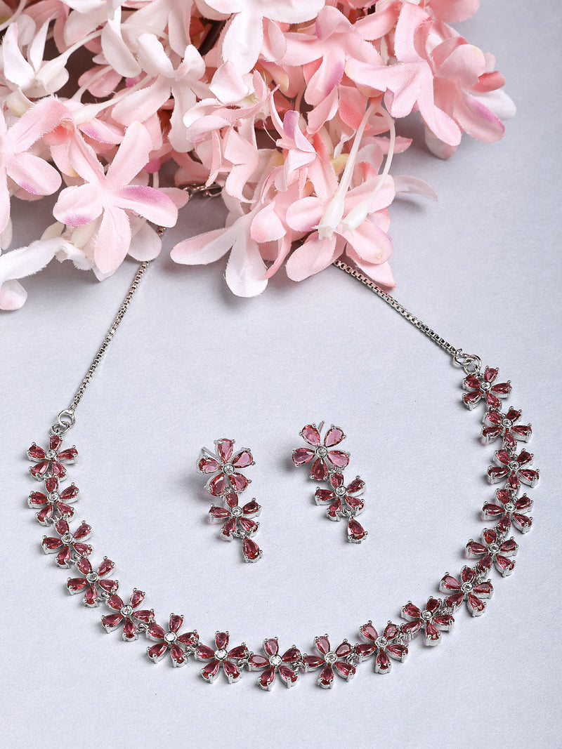 Rhodium Plated with Pink American Diamond Studded Floral Design Necklace Set