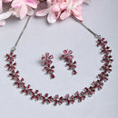 Rhodium Plated Silver Toned Pink American Diamond Studded Necklace Set