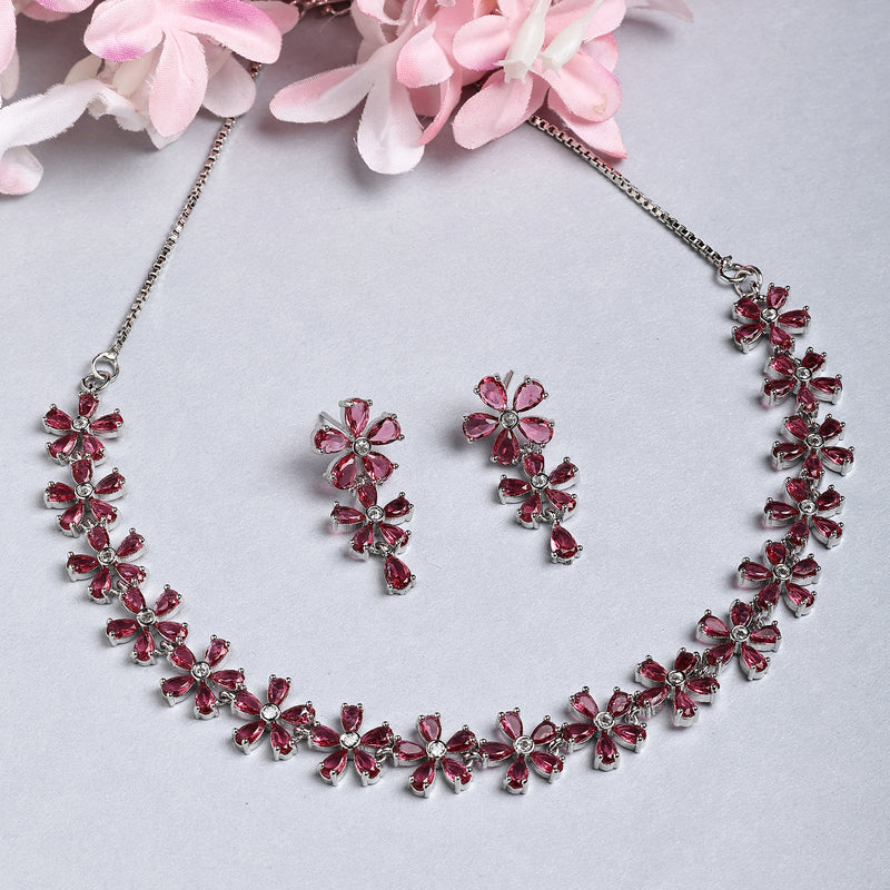 Rhodium Plated Silver Toned Pink American Diamond Studded Necklace Set