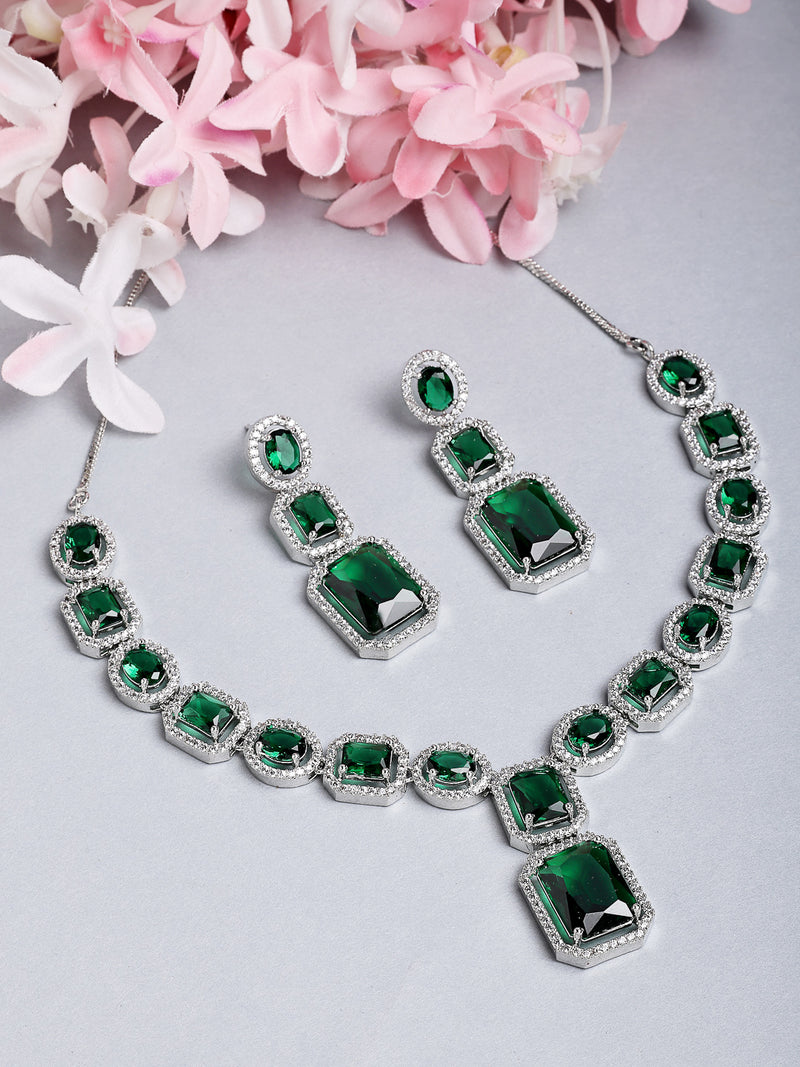 Rhodium Plated with Rectangle Drop Green & American Diamond Studded Necklace Set