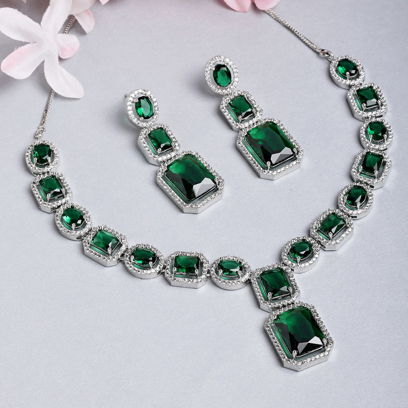 Rhodium Plated Silver Toned Green American Diamond Studded Jewellery Set