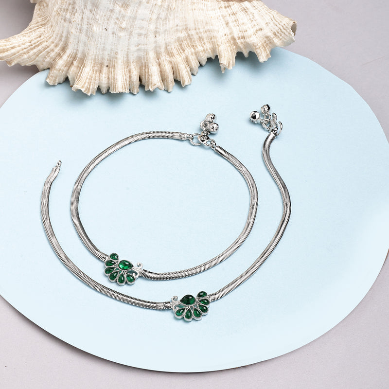Rhodium Plated Silver Toned Flower Green cubic Zirconia studded Anklets