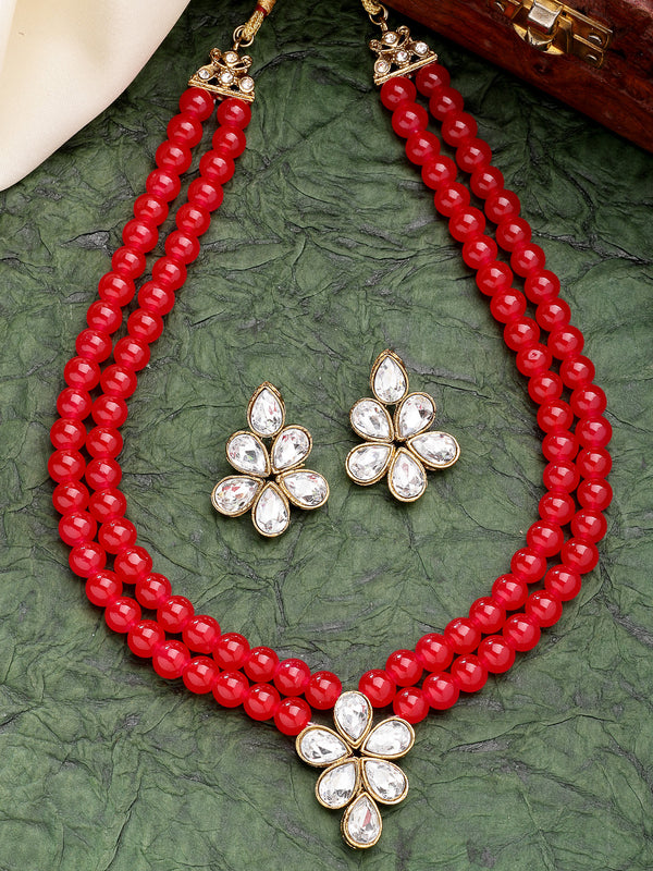 Gold Plated with Red Pearl & Kundan Studded Necklace Set