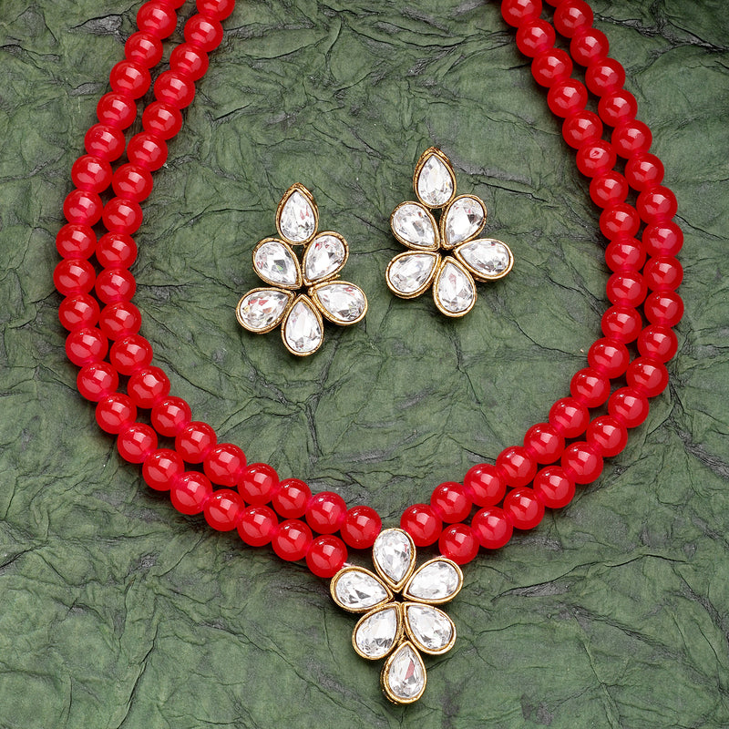 Red Pearl & Kundan Studded Jewellery Set