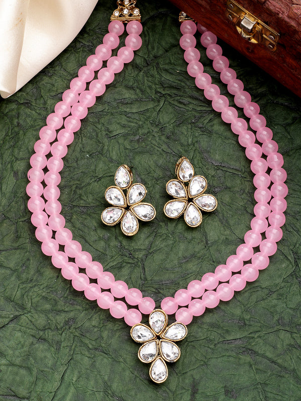 Gold Plated with Pink Pearl & Kundan Studded Necklace Set