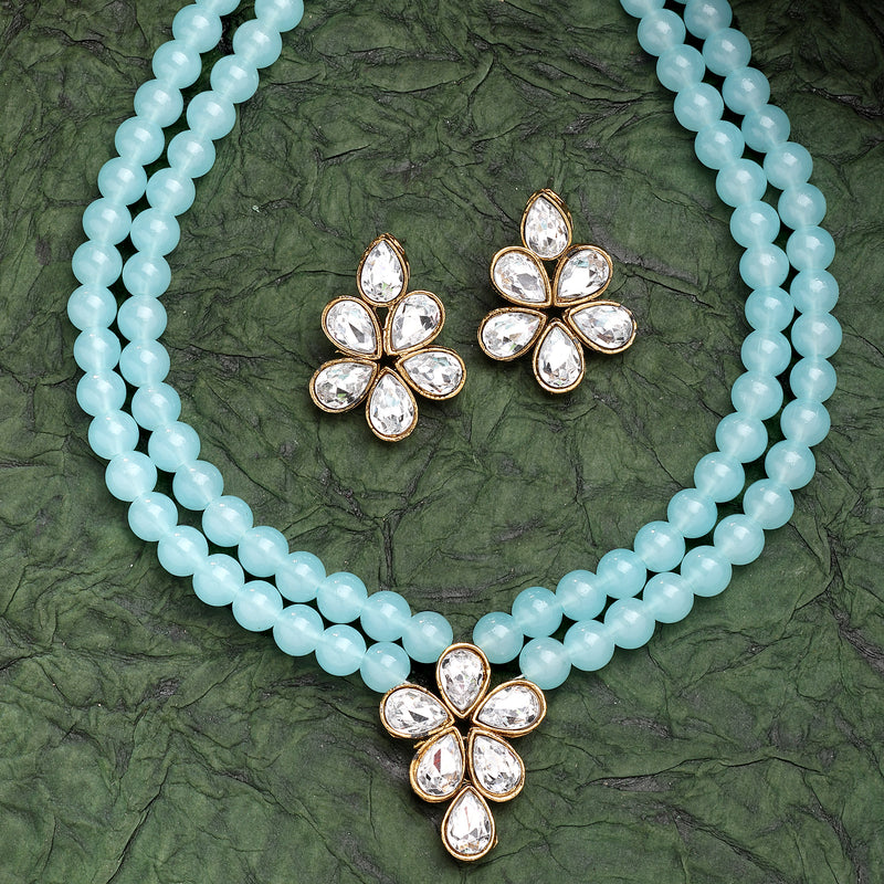 Sky Blue Pearl & Kundan Studded Jewellery Set