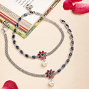 Rhodium Plated Silver Toned Flower Shaped Red Cubic Zirconia studded Pearl Anklets