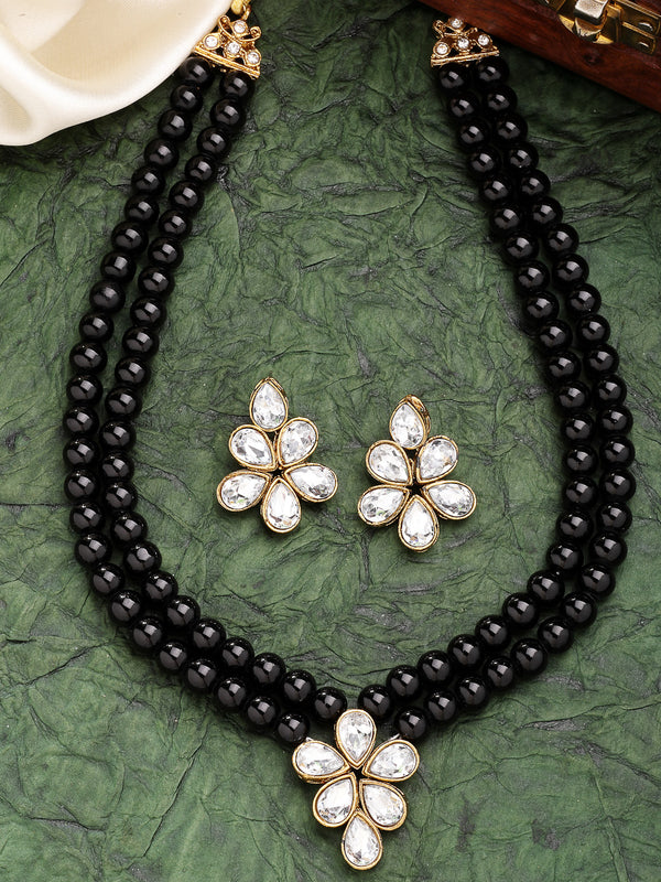 Gold Plated with Black Pearl & Kundan Studded Necklace Set