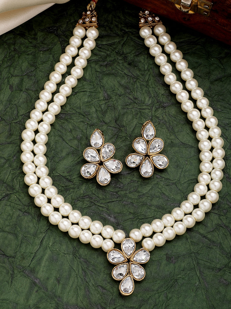 Gold Plated with White Pearl & Kundan Studded Necklace Set