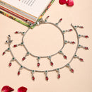 Rhodium Plated Silver Toned Red & Green Cubic Zirconia Stone Studded Charm Anklets