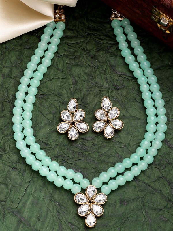 Gold Plated with Sea Green Pearl & Kundan Studded Necklace Set