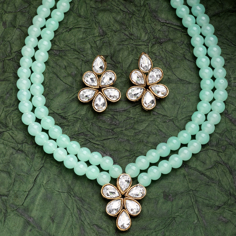Sea Green Pearl & Kundan Studded Jewellery Set