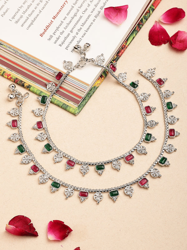 Oxidized Plated with Tricolor Cubic Zirconia Studded Traditional Design Anklet