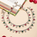 Rhodium Plated Silver Toned Rectangle Red White Green Cubic Zirconia Studded Anklets