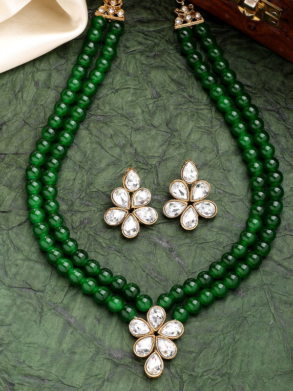 Gold Plated with Green Pearl & Kundan Studded Necklace Set