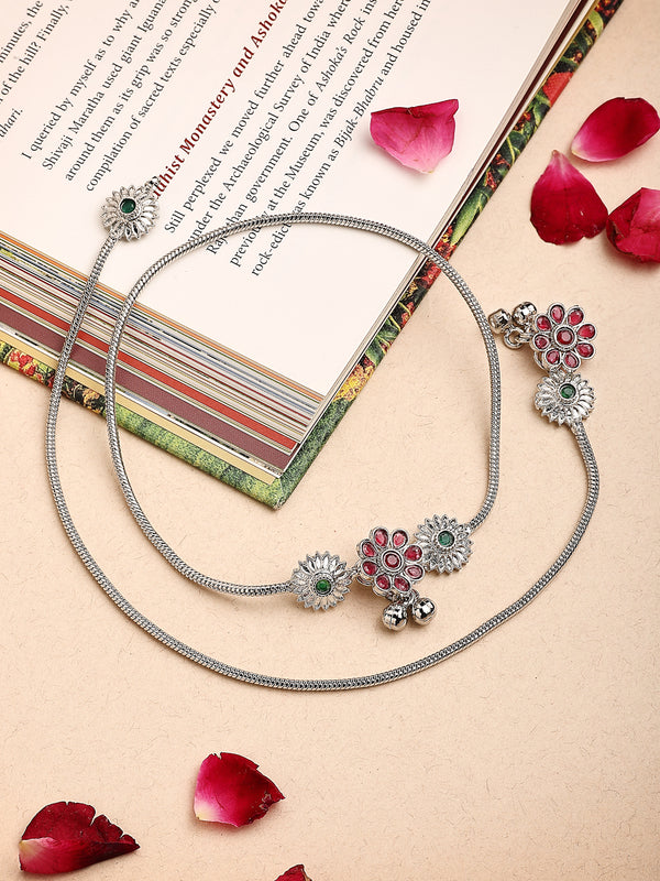 Oxidized Plated Silver Toned Anklet with Red Cubic Zirconia Stone Studded in Floral Design