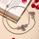 Rhodium Plated Silver Toned Flower Shaped Red Green Cubic Zirconia studded Charm Anklets