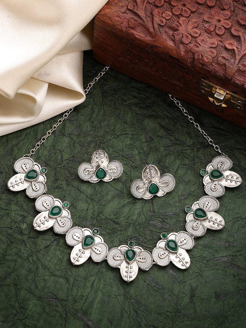 Oxidized Plated with Silver Filigree Design Green Stone Studded Necklace Set