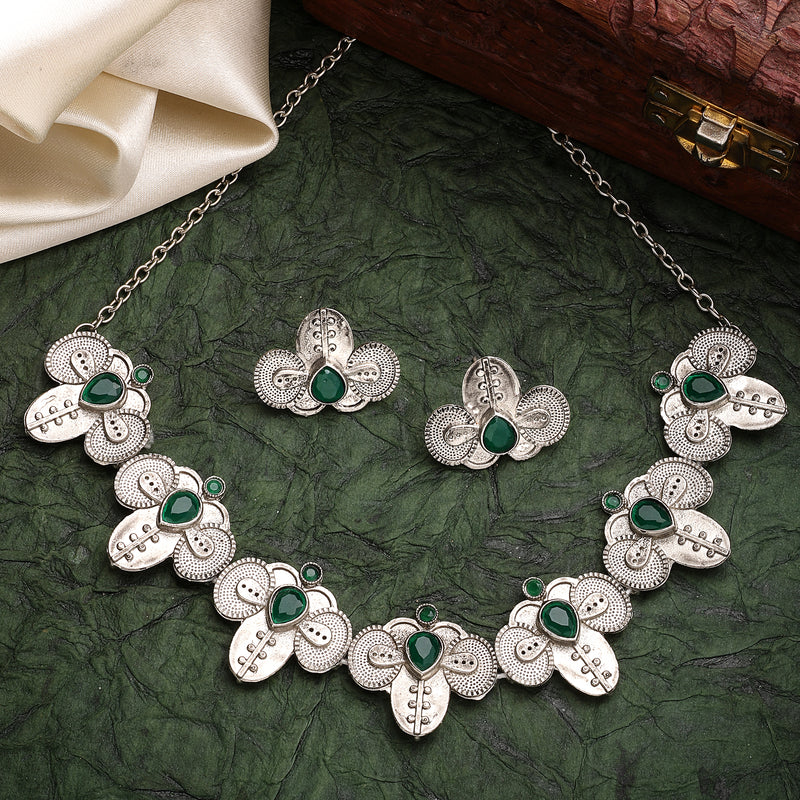 Oxidized Plated with Silver Filigree Design Green Stone Studded Jewellery Set