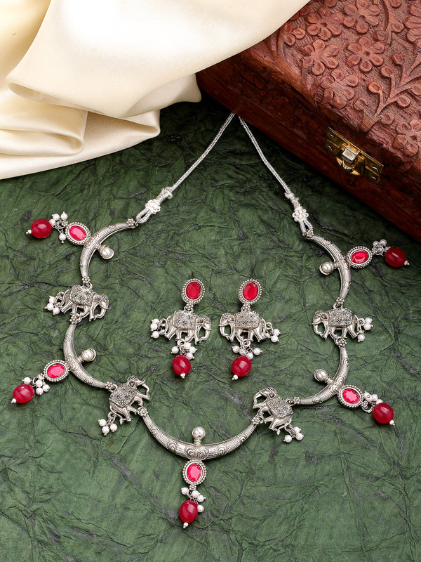 Oxidized Plated with Red Pearl & Stone Studded Necklace Set