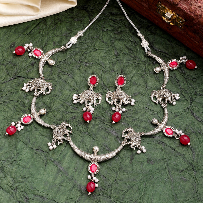 Oxidized Plated with Red Pearl & Stone Studded Jewellery Set