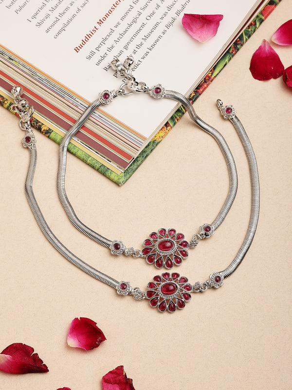 Oxidized Plated Silver Toned Anklet with Red Cubic Zirconia in Floral Design