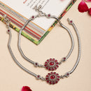 Rhodium Plated Silver Toned Flower Shaped Red Cubic Zirconia studded Anklets