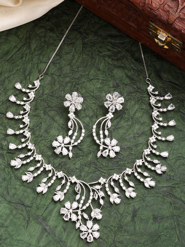 Rhodium Plated with White American Diamond Studded Floral Design Necklace Set