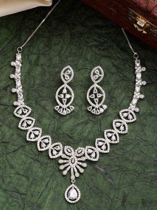 Rhodium Plated with White American Diamond Studded Ladymania Design Necklace Set