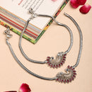 Rhodium Plated Silver Toned Peacock Red Cubic Zirconia Stone Studded Anklets