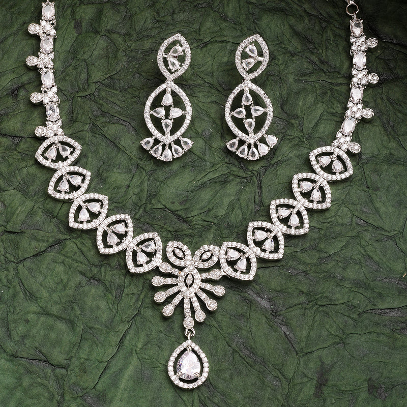 Rhodium Plated Silver Toned White American Diamond Stone Studded Jewellery Set