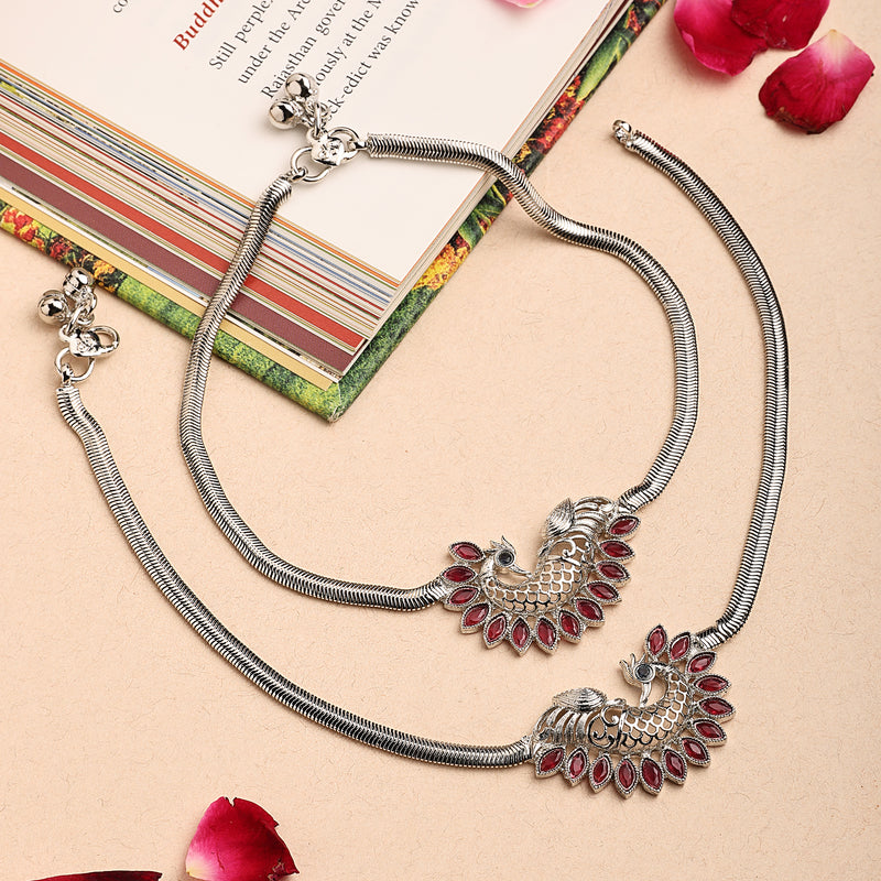 Rhodium Plated Silver Toned Peacock Red Cubic Zirconia Stone Studded Anklets