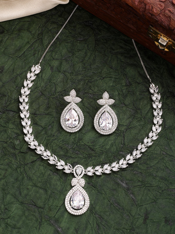 Rhodium Plated with White American Diamond Studded Leaf and Teardrop Necklace Set