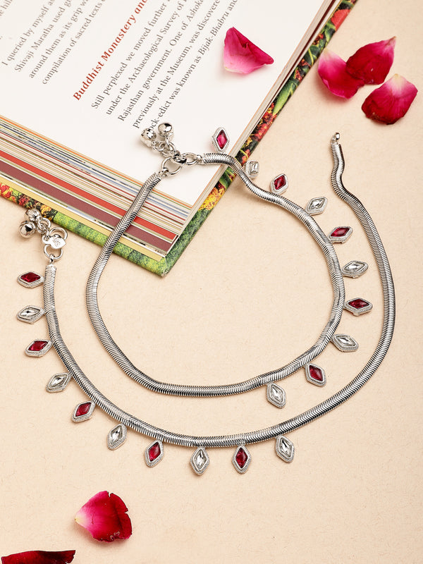 Oxidized Plated with Red & White Cubic Zirconia Studded Anklet