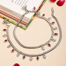 Rhodium Plated Silver Toned Red & White cubic Zirconia studded Charm Anklets