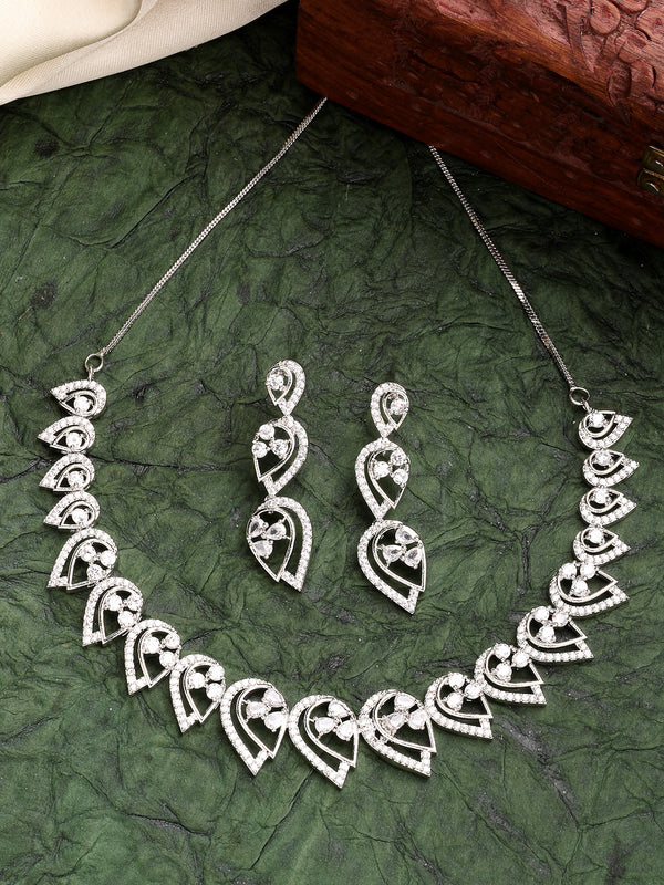 Rhodium Plated with White American Diamond Studded Motif Leaf Design Necklace Set