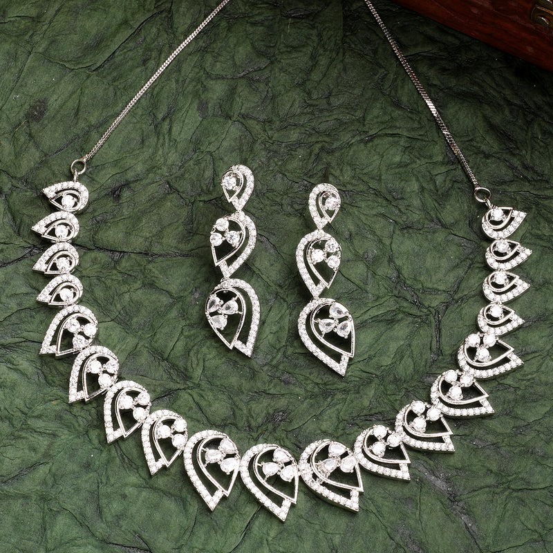 Rhodium Plated Silver Toned White American Diamond Studded Jewellery Set