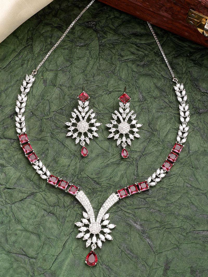 Rhodium Plated with Red American Diamond Studded Floral Design & Curved Shaped Necklace Set