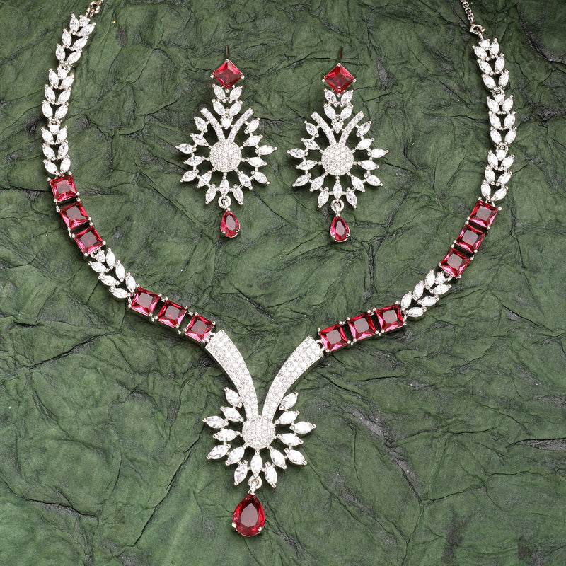 Rhodium Plated Silver Toned  Red American Diamond Studded Jewellery Set