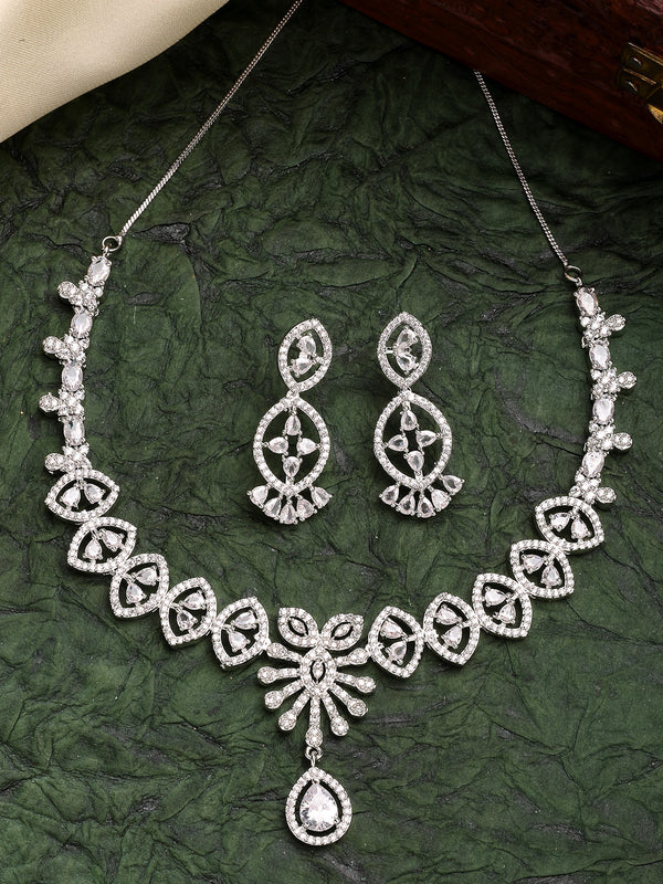 Rhodium Plated with Ladymania Design & AD Stone Studded Necklace and Earrings Set