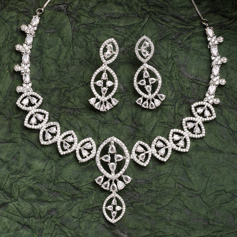 Rhodium Plated Silver Toned White American Diamond Studded Jewellery Set
