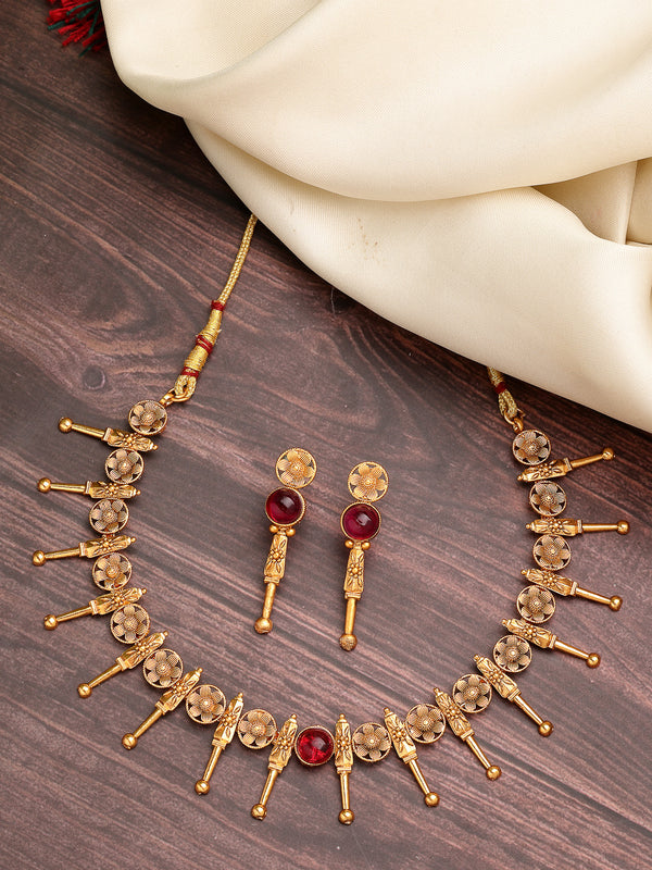 Gold Plated with Antique Gold Temple Design Red Stone Studded Necklace Set