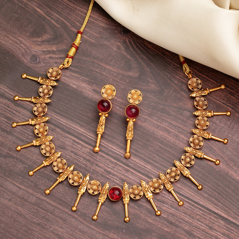 Gold Plated with Antique Gold Design Red Stone Studded Jewellery Set