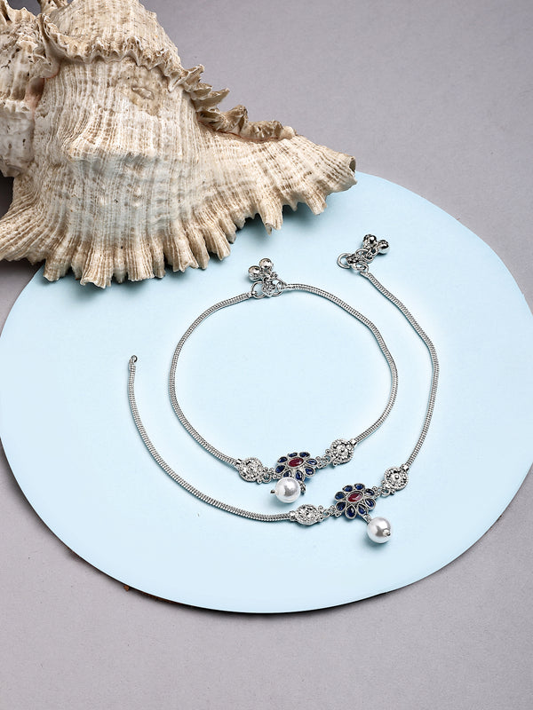 Oxidized Plated Anklet with Blue Cubic Zirconia & White Pearl in Floral Design