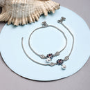 Rhodium Plated Silver Toned Flower Shaped Blue Cubic Zirconia studded Pearl Charm Anklets